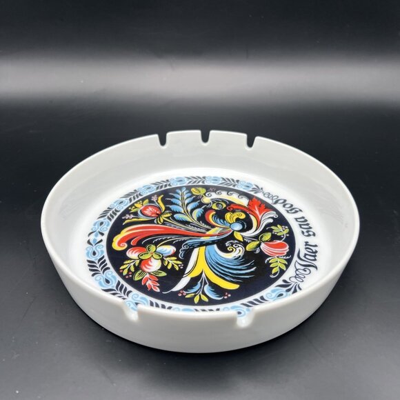 Vintage Berggren Ashtray Norweigan Rosemaling Vaer Saa God Round 7” 1960s MCM - Picture 6 of 9